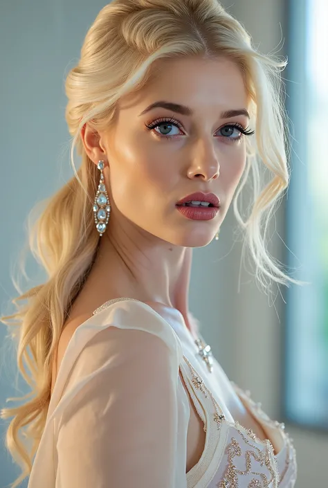 The reflective surfaces of her earrings and outfit create a dynamic interplay with the environment, emphasizing her sleek presence. The minimalist background allows the viewer to focus on her eye-catching fashion and makeup. Captured with a Sony A7R IV cam...