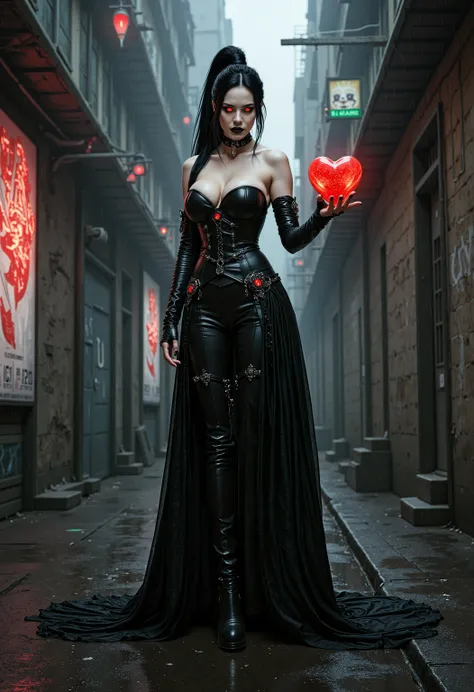 A breathtaking Gothic queen, circa 30 years old, of mixed European and East Asian descent, stands in a cyberpunk alleyway, her full figure captured in a dramatic three-quarter view.  Her regal pose exudes both defiance and sorrow; she holds a pulsating, cr...