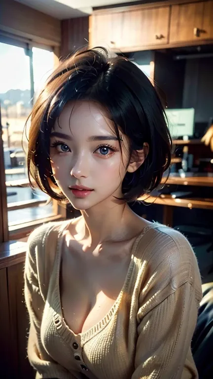 (masterpiece:1.3), (8k, photorealistic, RAW photo, best quality: 1.4), (1 girl), beautiful face, (real face), (  black hair, short hair:1.3),  beautiful hairstyle, Realistic eyes, Beautifully detailed eyes, (real skin), beautiful skin, ( sweater ), abusseu...