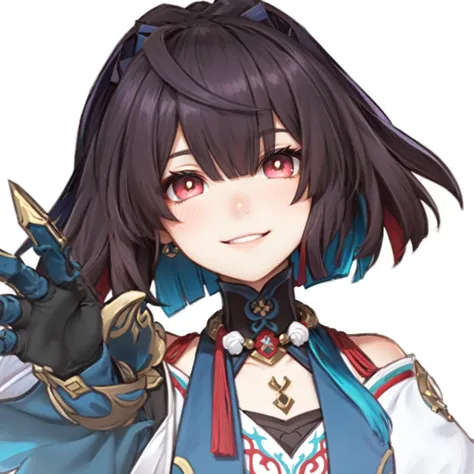 with gloves on their hands、Close-up photo of a person holding a knife,  Ayaka from Genshin Impact ,  Mischievous Smile,  Onmyoji portrait ,  Ayaka from Genshin Impact ゲーム, clear and vivid RPG portrait, Portrait of a female knight , girl in a portrait of a ...