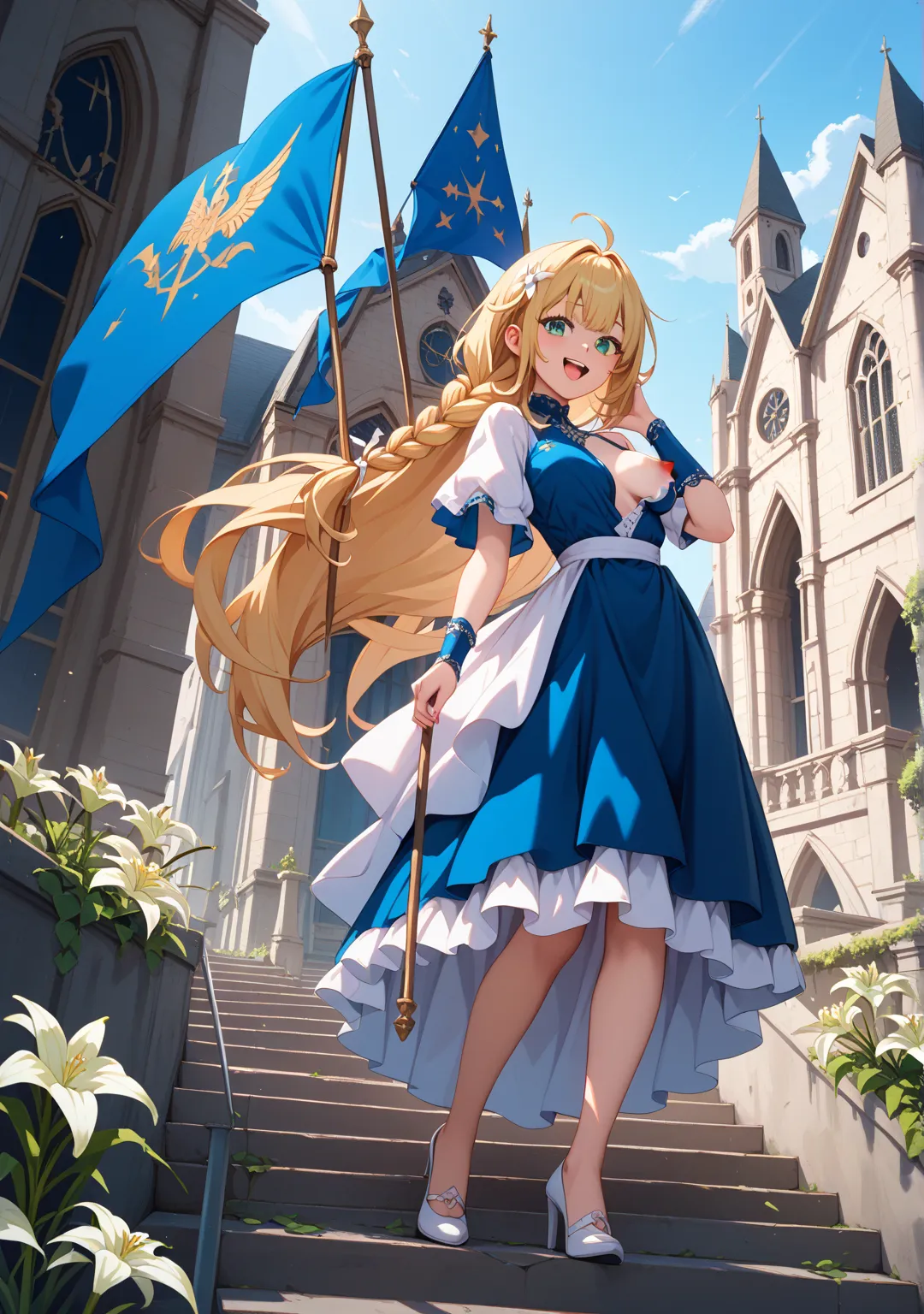 nsfw,girl,glamorous,straight hair,long hair,{{{ash blond hair}}},dark green eyes,{{{One breast is coming out,One nipple is coming out}}},full body,single braid,flag,blue flag,church,outdoor,At the end of the stairs,low angle, Raising the Flag,blue dress,wh...