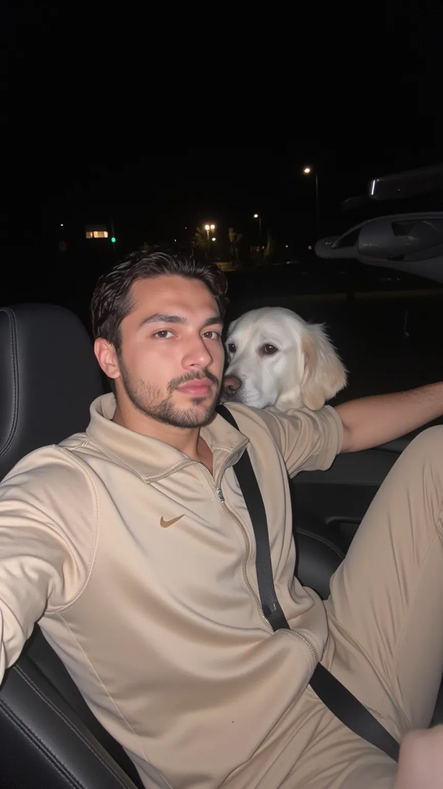 a handsome young turkish guy with muscle, dark very short wet hair fade middle parting and beard  he wearing a light beige nike tracksuit and he is in a cabrio car with black seats he driving amateur photo random picture and location is germany he has very...