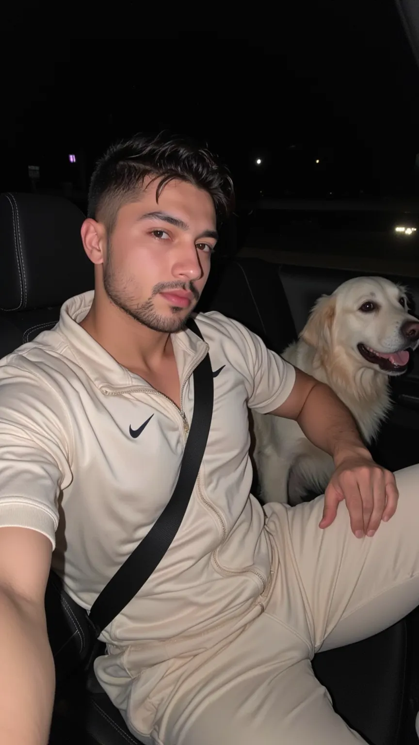 a handsome young turkish guy with muscle, dark very short wet hair fade middle parting and beard  he wearing a light beige nike tracksuit and he is in a cabrio car with black seats he driving amateur photo random picture and location is germany he has very...