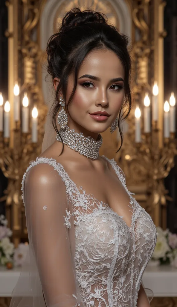 (((best quality))),(((ultra detailed))),(((masterpiece))),illustration,a girl,slim,bun,alluring,sexy,charming,smile,crystal necklace,white lace wedding dress, big breasts, hourglass figure, Set the scenario in a luxury church full of gold details, night sc...