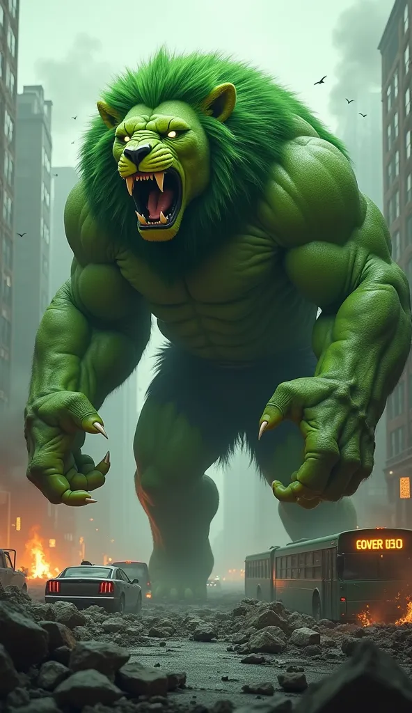 "Create an image of a hybrid creature combining a powerful lion with the Hulk's iconic style , but with a brutal and devastating look. The creature has the robust anatomy of a lion , but is in a dynamic and aggressive position:  His hind legs are firmly pl...