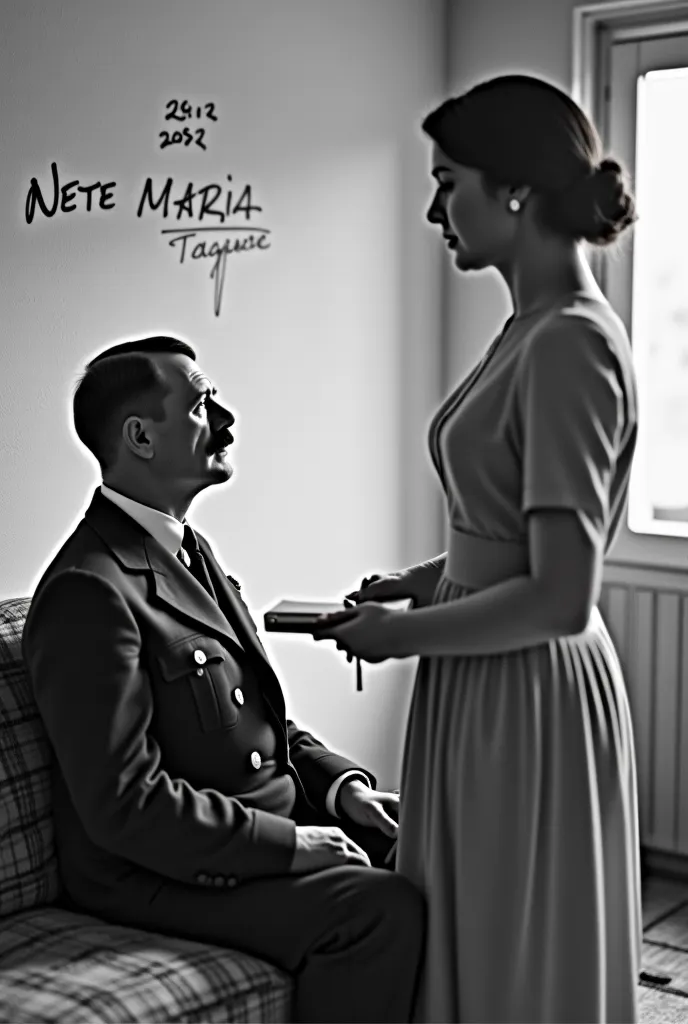  black and white photograph , Old photograph, Hitler  esta conversando  com uma    ebony , Light brunette , , She is writing the name of " NETE MARIA " , a, "Adonay", e data " 22 ☆ 12☆ 2032"  Writing on the wall engraved on the living room wall on a white ...