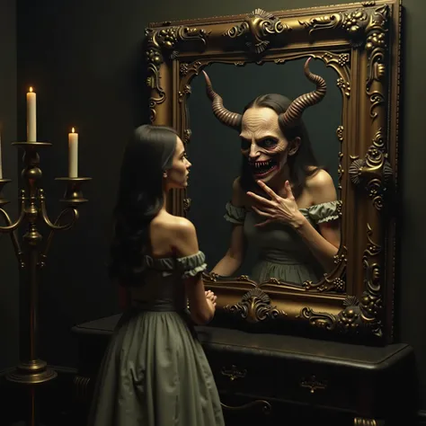 Surreal art, novuschroma A beautiful young woman stands in front of a large antique mirror and sees a hideous demon looking back at her. Ultra-realistic, photo-realistic, ultra-detailed, insane 3D realism, cinematic photography, cinematic lighting, cin...