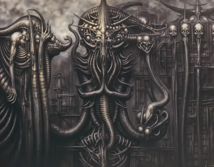 Please reproduce the original image as accurately as possible, capturing the intricate details of the biomechanical structures, the dramatic lighting, and the overall sense of unease. Find and enhance depiction of Giger's demons and creatures.(best quality...