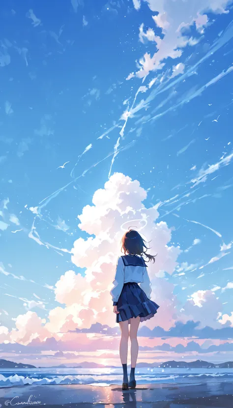 watercolor、one girl、smiles、 beautiful scenery、Cumulonimbus、 blue sky、