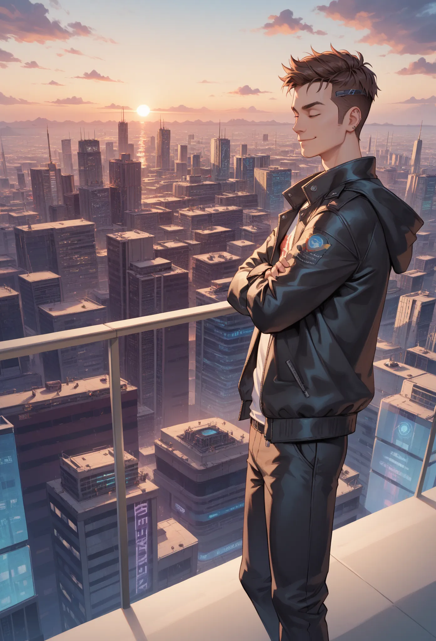 Create an image of a confident, adventurous young man named Frankie Foster, standing on the edge of a tall cliff overlooking a vast, futuristic city at sunset. Frankie has short, messy dark brown hair and wears a worn leather jacket with intricate designs ...