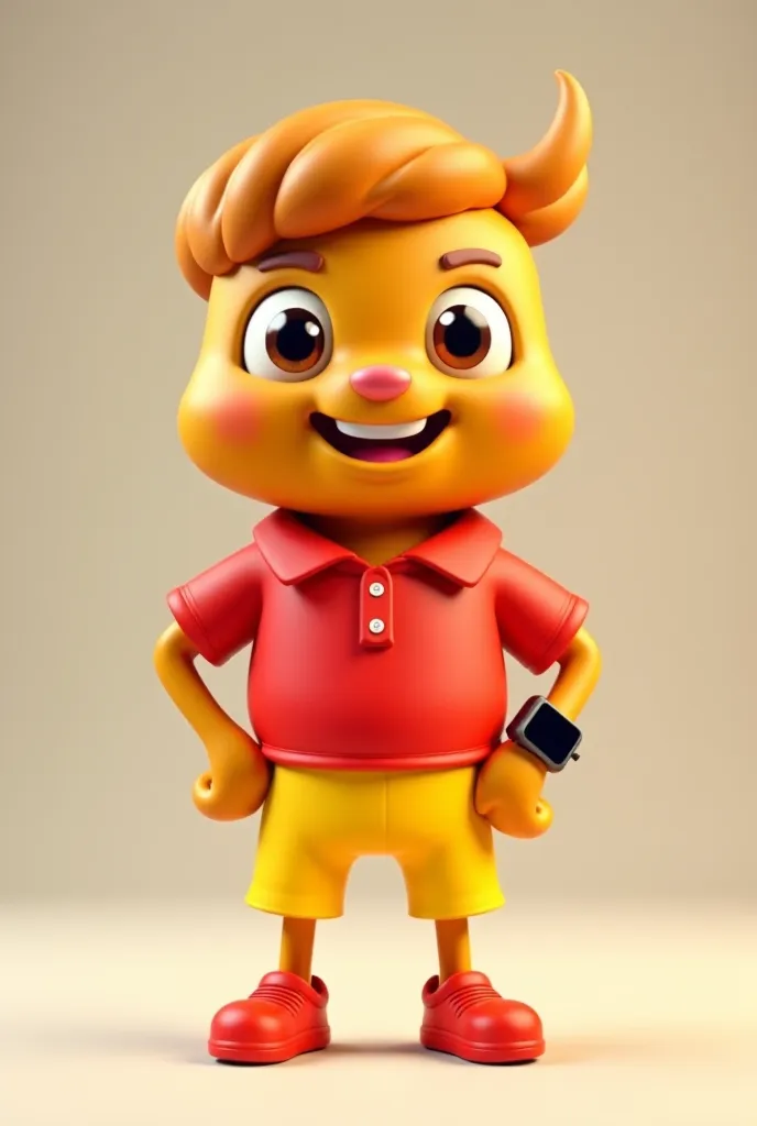 Create a 3d brown brown brown pastry mascot
 With hair tuft smart watch dressed with a red polo collar yellow shorts 