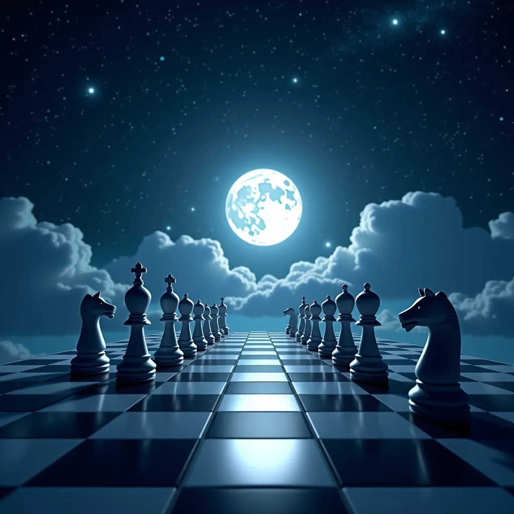 Picture in 3D. starry night sky, the moon shines at its full height among the clouds and illuminates the ground on which there is a huge chessboard with arranged pieces. 