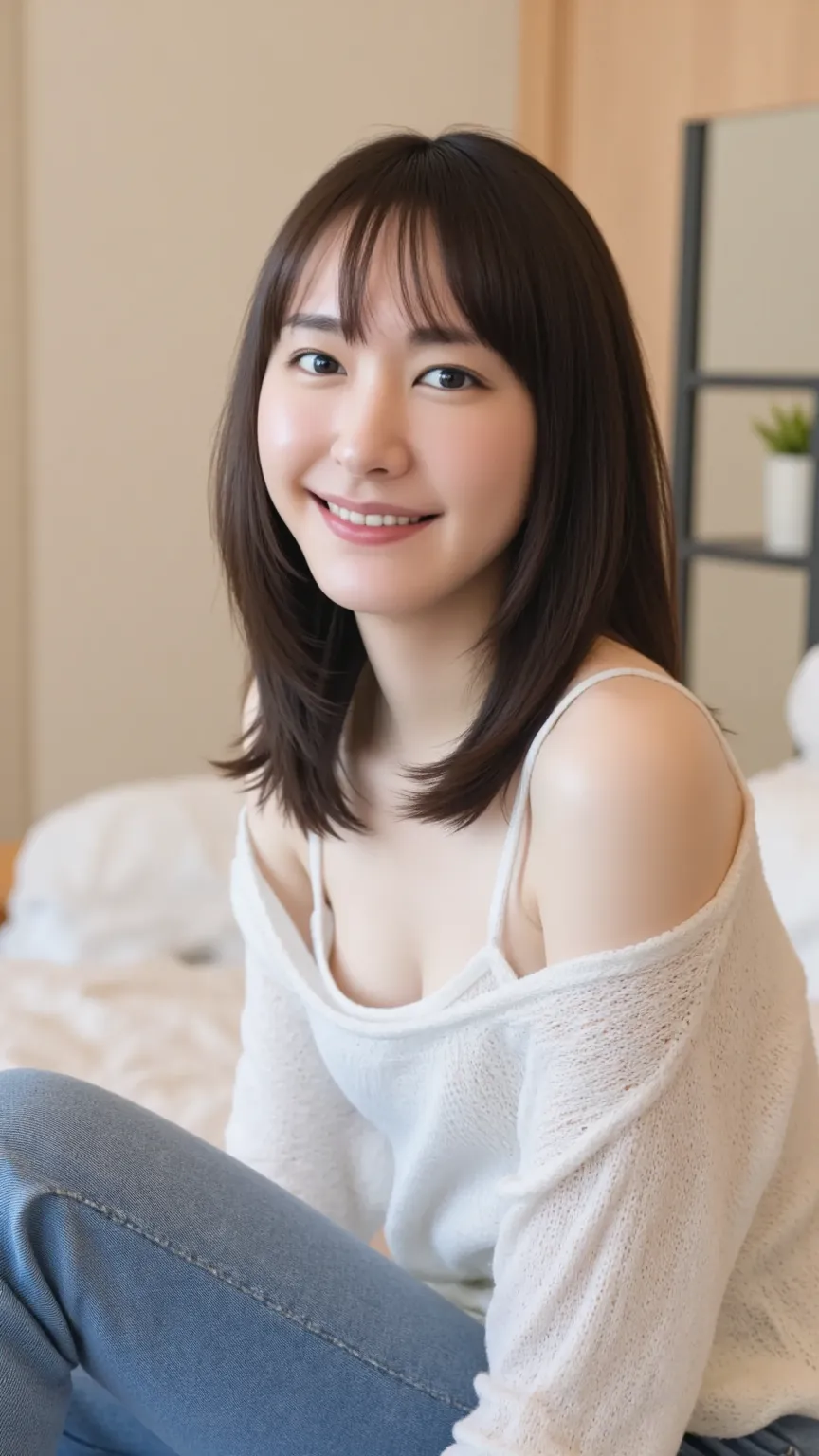 ( open:1.8)。Beautiful Japanese Women。A woman wearing an off-shoulder sweater and denim jeans is sitting with her legs wide open。M字 open。on the bed in the bedroom。I'm staring at the audience with a happy smile。Jet Black Hair。long hair。very thin waist。Chest ...