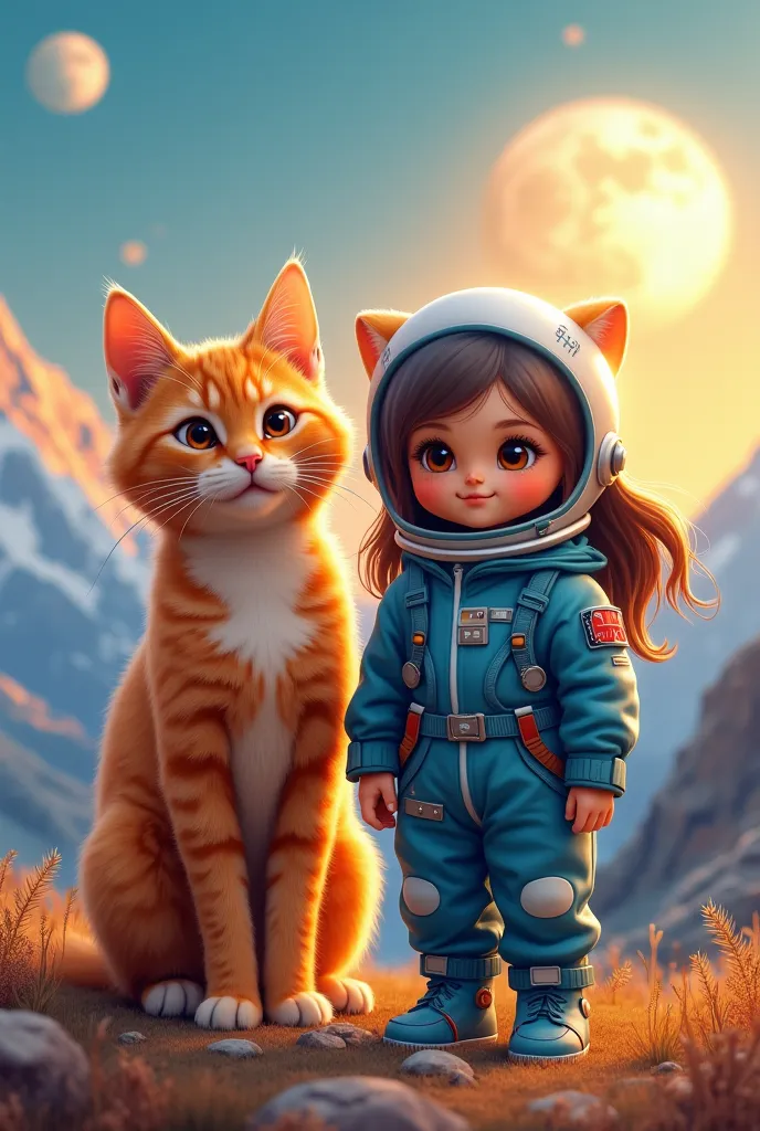 an orange cat with a black girl with brown eyes and brown hair who wears a cosmonaut costume, on a blue mountain brightened by the sunset and the full moon