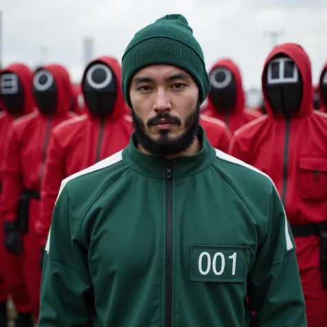 a young arabian man, black beard, detailed face, eyes and lips, green beanie, in green uniform of the players of squid game witrh the number "001" on it. behind him a lot of soldiers dressed in the red uniform of the soldiers of The Squid Game .