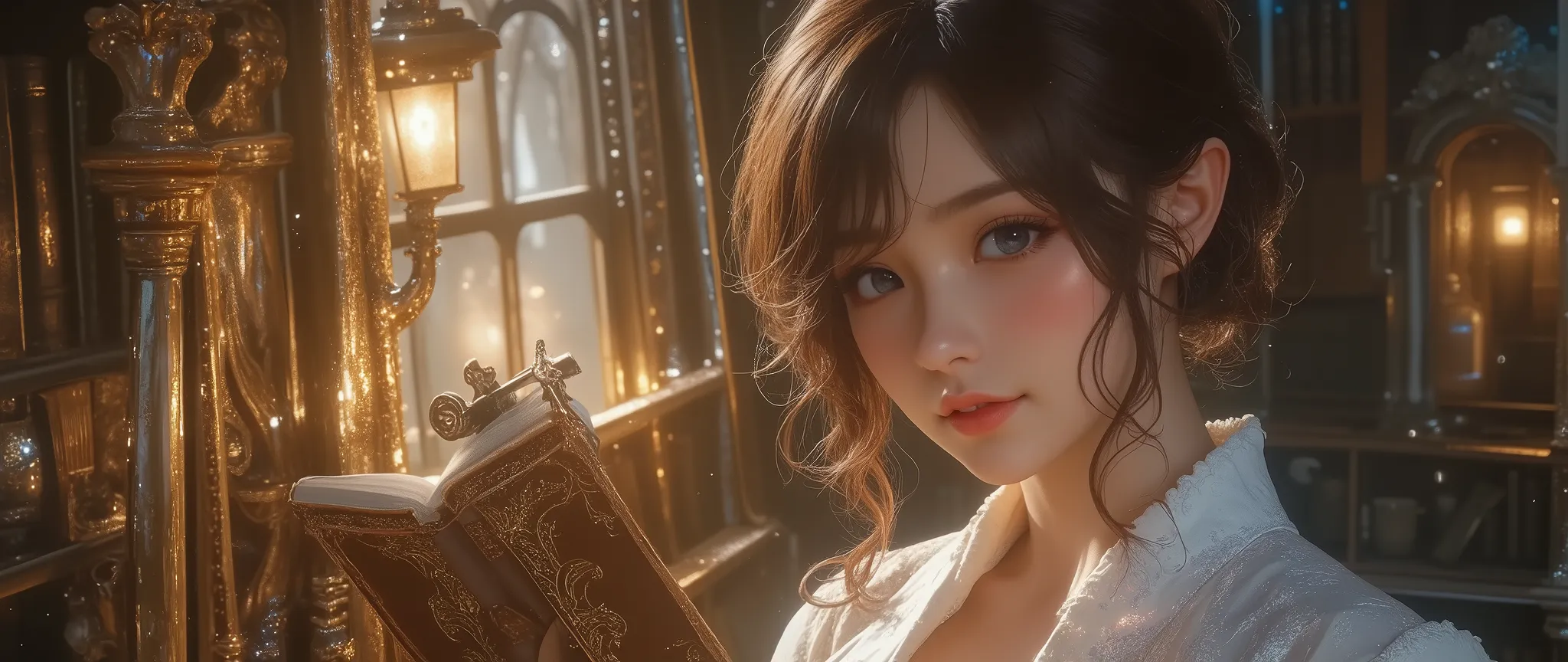 NSFW,  (close up A Forbidden Book:2.0), best quality , high image quality during sick leave, 16k,   unbelievably ridiculous ,  very well detailed, 2.5D,  delicate and dynamic,  cute sexy girl,  (Big Breasts、deep cleavage、Nipples:1.8), captivating smile on ...