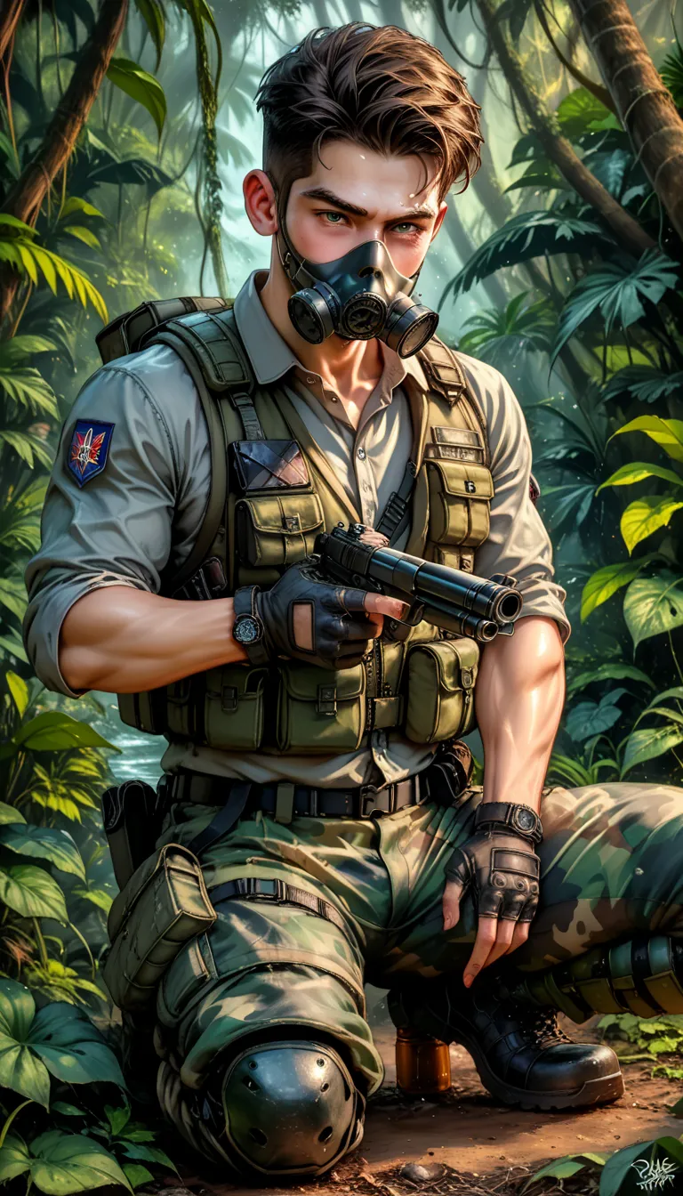 (Masterpiece,Very detailed 2.0), Slim Boy, (Dark Brown Very short hair on the sides), Gas Mask, Black pads on the vest, Gray Tight sleeves, Black Chest pads, Black short Gloves, camouflage tactics Green pants, Holding a Big gun, Black knee pads, Green camo...