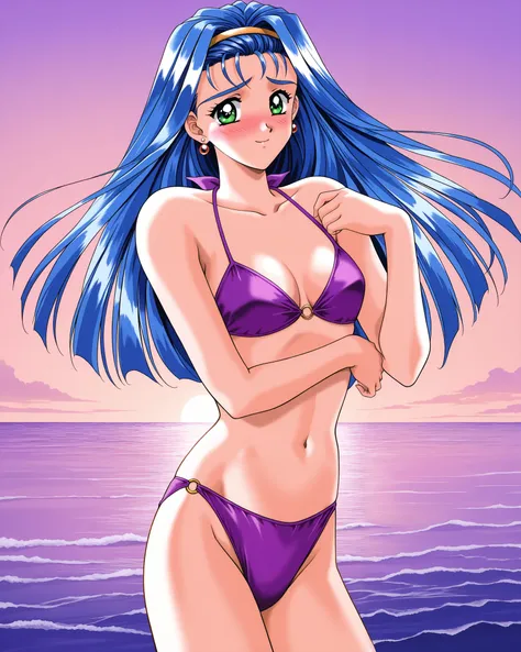 Alone, one girl, YamashitaMinatsu, blue hair, long hair,  hairband , jewelry, green eyes, earrings, 1990s (style), (cowboy shot), small breasts, cleavage, (shy), (blush), (smile), (purple bikini), ( sexy pose), (sea), score_9, score_8_up , score_7_up , sou...