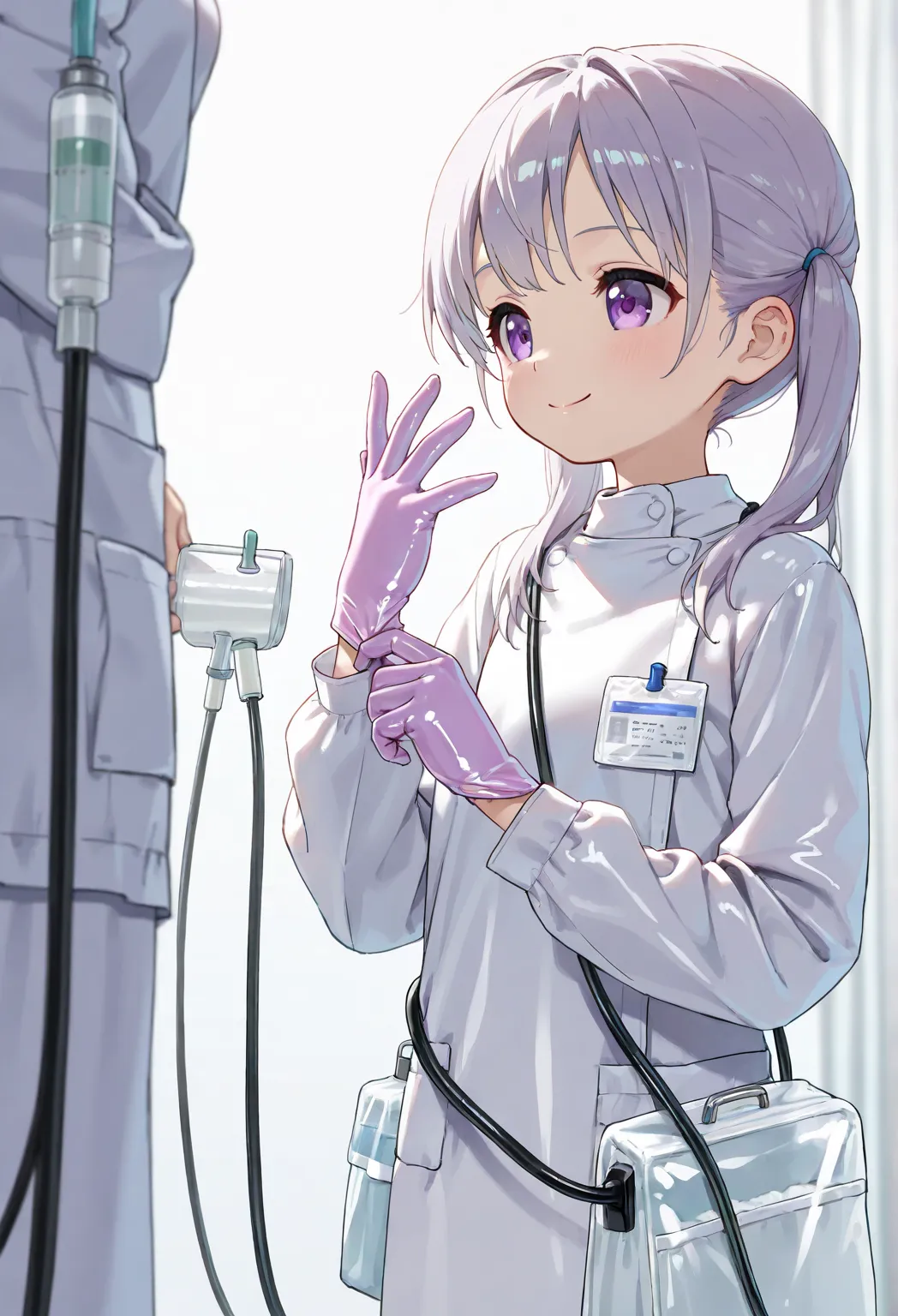 "young girl, 11-years-old, elementary school student, smiling", (adjusting her gloves), ((light purple gloves)), ((Sterilizer Bag)), (( latex gloves )), Open her gloved hands, 5-fingers on each hand, Other clothing is not made of latex, ((surgical gown)), ...