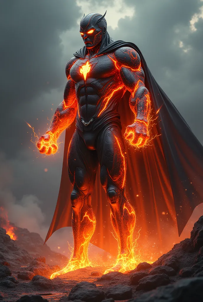 A being composed of Magmatic Rock, Who wears a black superhero costume and a black cape 