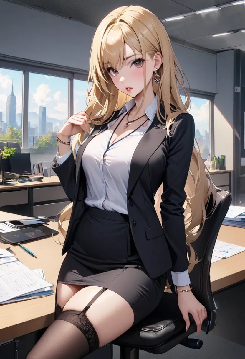  skirt, earrings, breasts, 1girl, garter_straps, blonde_hair, sitting,  office, looking_at_viewer, solo, indoors, black_legwear, office_lady, necklace,  large_breasts, lips, bracelet, open_shirt, desk, miniskirt,pencil_skirt, long_hair,jacket, lace-trimmed...