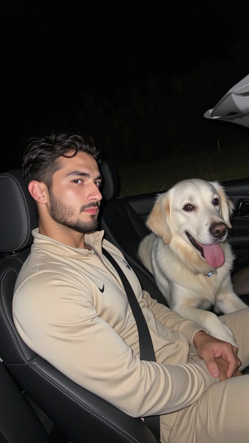 a handsome young turkish guy with muscle, dark very short wet hair fade middle parting and beard  he wearing a light beige nike tracksuit and he is in a cabrio car with black seats he driving amateur photo random picture and location is germany he has very...