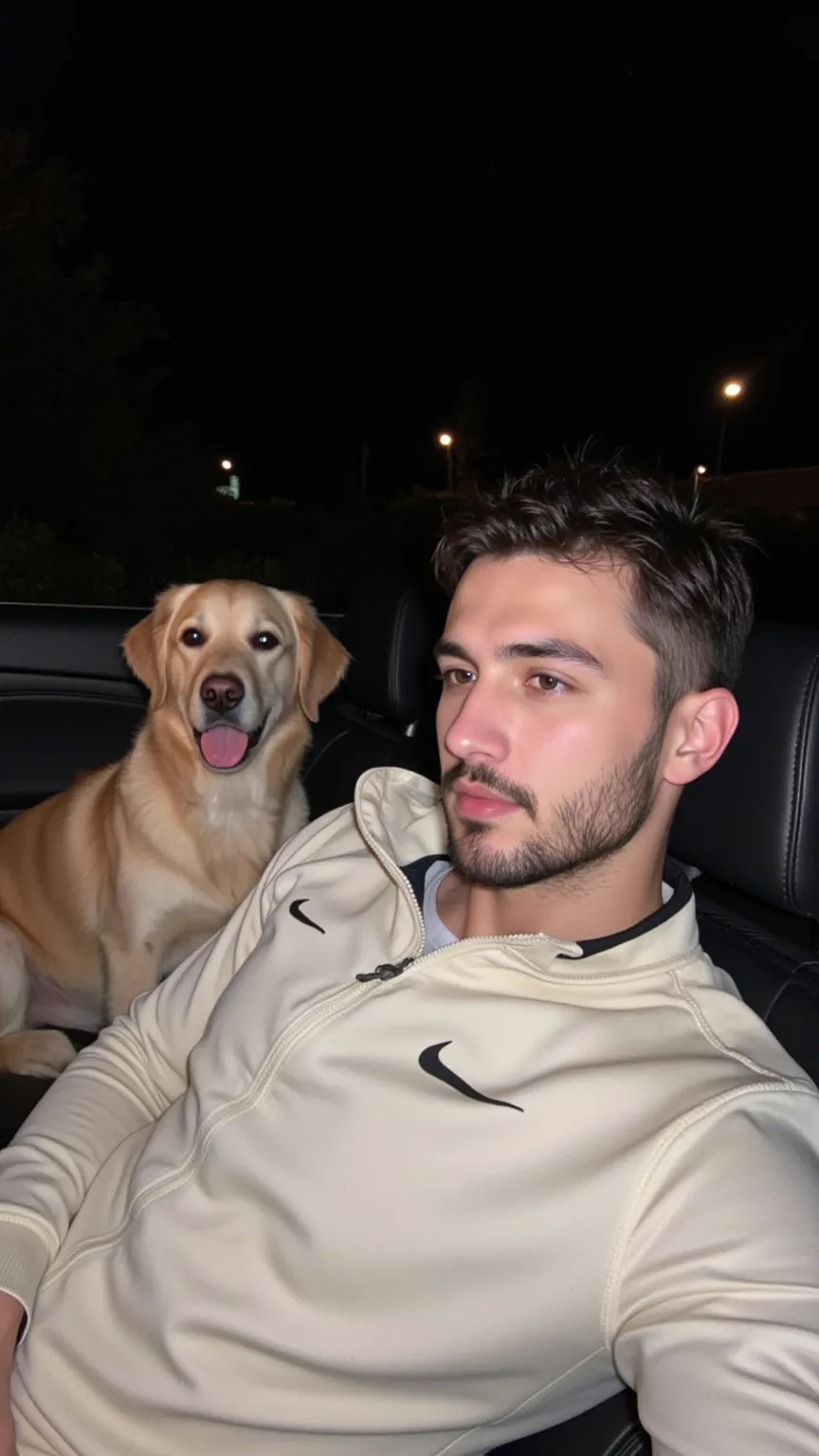 a handsome young turkish guy with muscle, dark very short wet hair fade middle parting and beard  he wearing a light beige nike tracksuit and he is in a cabrio car with black seats he driving amateur photo random picture and location is germany he has very...