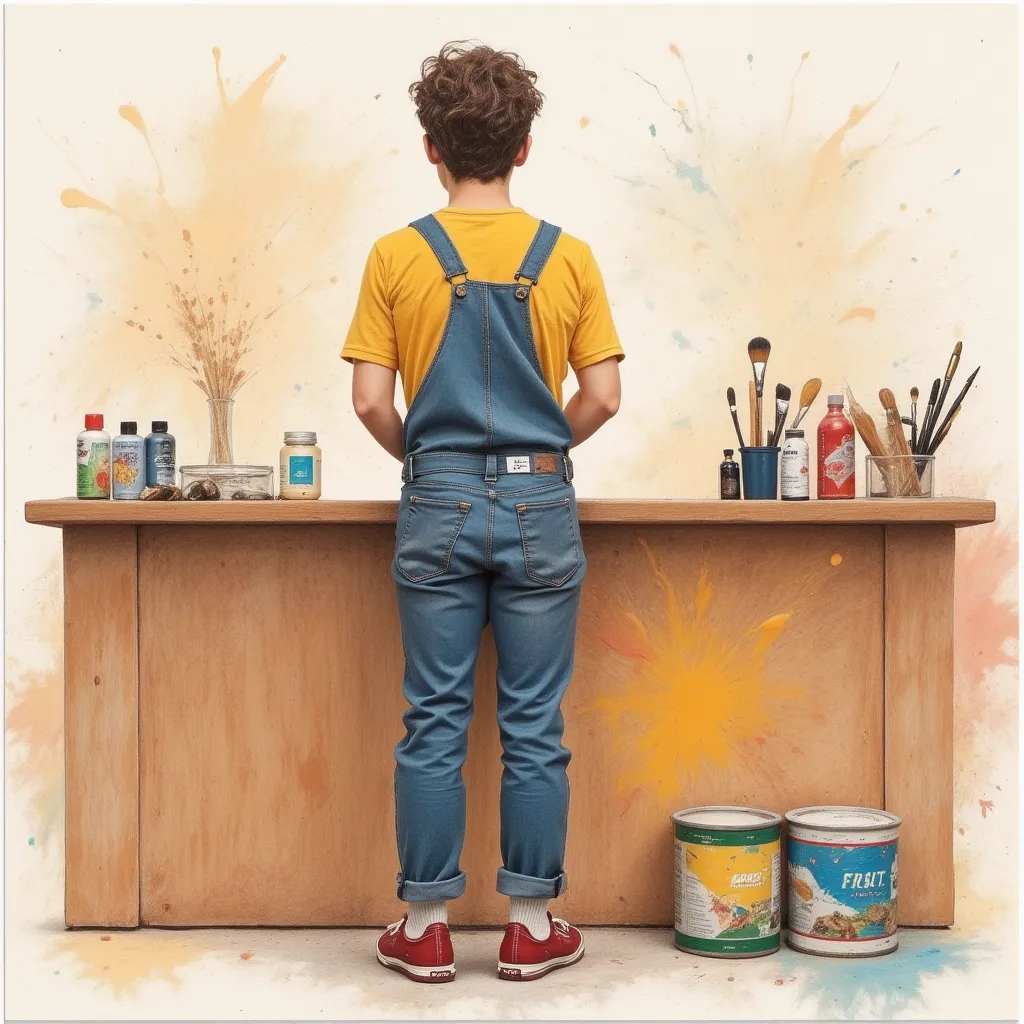 watercolor,acrylic, hyperrealism,casual pose,full lenght,wjite man standing at the counter and holding brushes,inspired by Lilia Alvarado, dark brown hair, clothes overallsand sneakers, photography by Alexey Gueylev, calm expression, emotionality at the co...