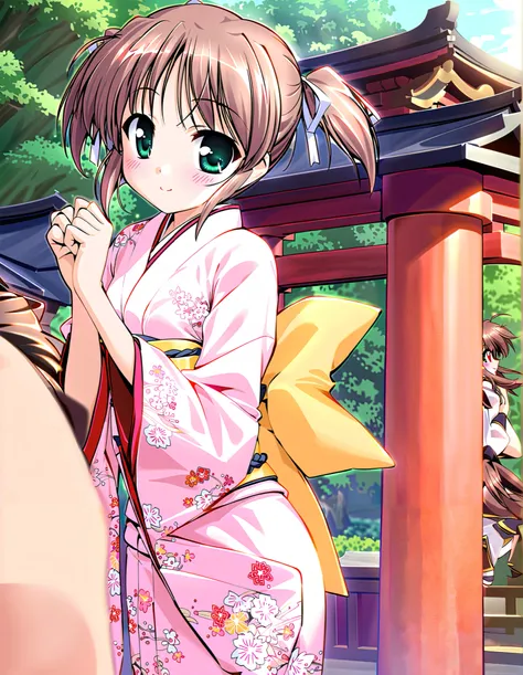 Asagiri Mai_3age, Alone, (cowboy shot), brown hair, short hair,  hair ribbon, twintails,  green eyes, small breasts, (Cute Japanese clothes), (Cute Poses), (Shichi-go-san), (Red cheeks:1.2), (bright smile:1.1), (shrine), (morning), score_9, score_8_superio...