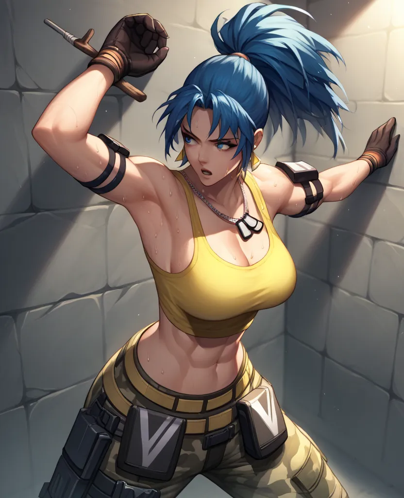 score_9, score_8_up, score_7_up, source_anime, solo, 1girl, Leona Heidern, dark yellow tank top, midriff, cleavage, camouflage pants, triangle earrings, black gloves, eyes looking sideways, parted lips, dark blue hair, blue eyes, ponytail, dog tags, milita...