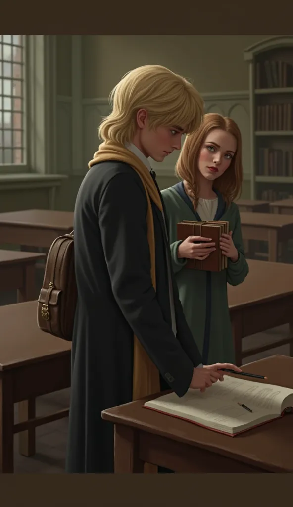 
Draco Malfoy was standing, leaning one hand on the edge of her desk, with bag, thrown over her shoulder.
Hermione looked at him and held books in her hands 