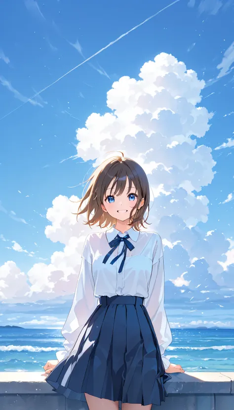 top quality、masterpiece、one girl、smiles、 beautiful scenery、Cumulonimbus、blue sky、goddess