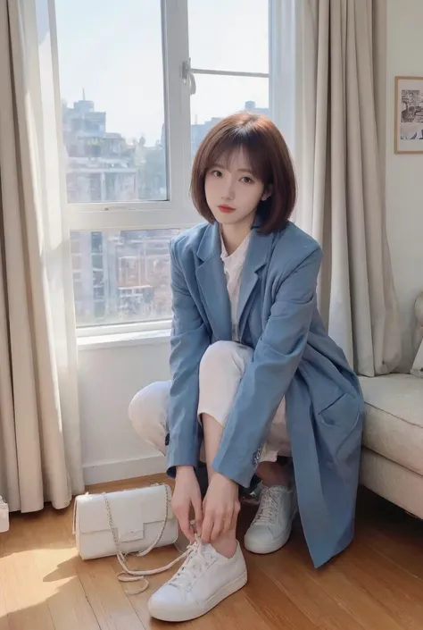 with realistic, high-resolution photograph-like images、photograph a Japanese woman in the middle of getting her shoelaces。
She feels calm and confident With an evocative expression,、It also has a slightly cool vibe。
wear an ultramarine blue long coat and、a...