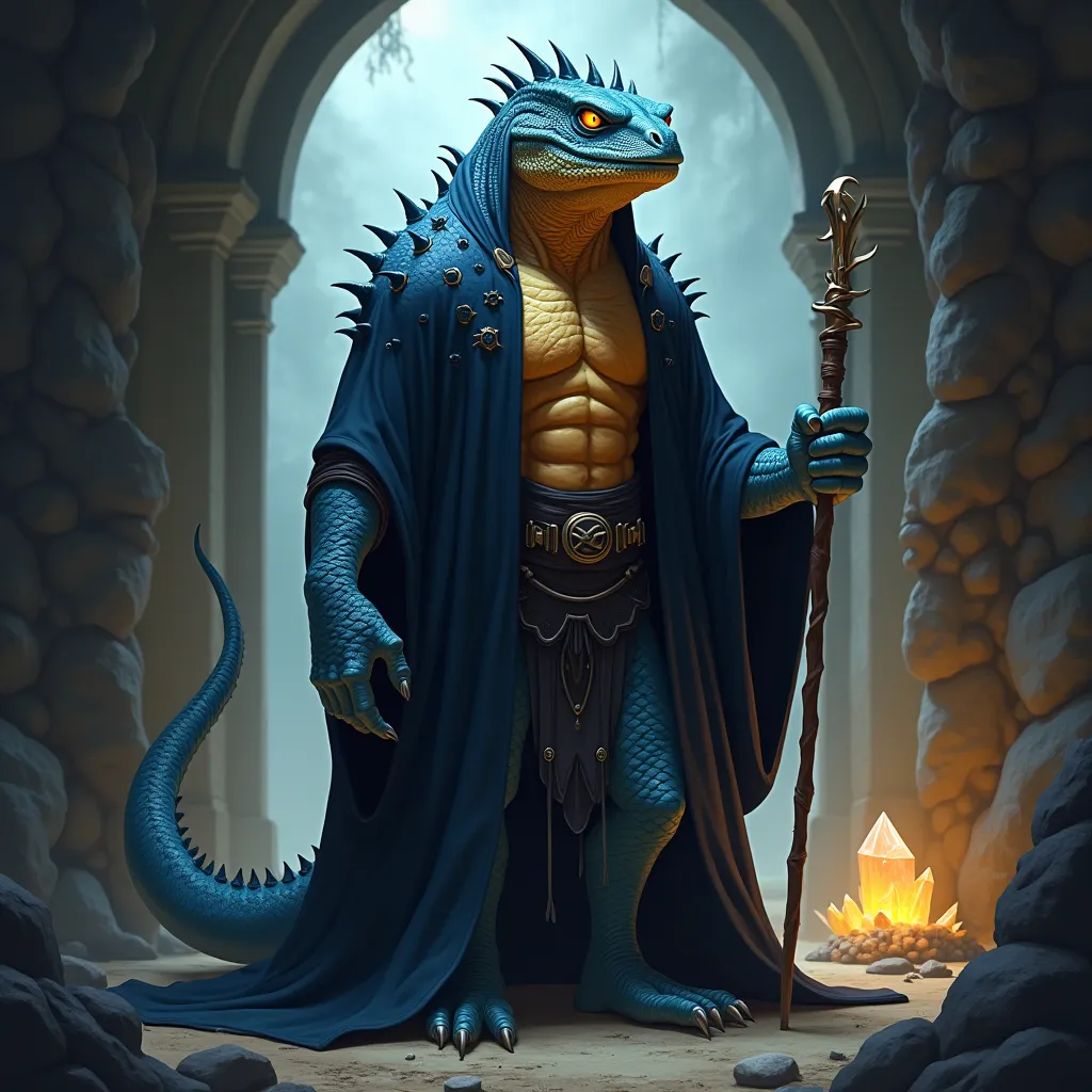 Big blue lizard man with small spines, yellow-eyed orange, Wearing wizard clothes in the color black with a short wooden scepter on his door there is a crystal. Without wings and without syrup.