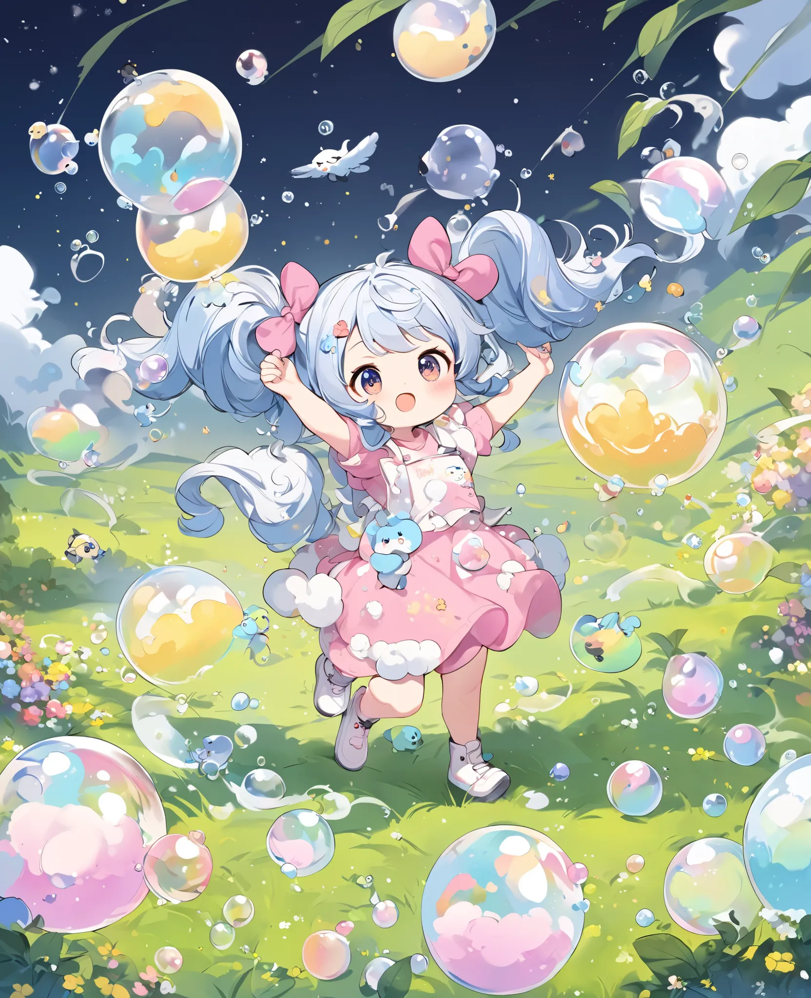  silvery long hair、cute girl with twin tail hairstyle、Playing with soap bubbles standing in a field、A lot of soap bubbles are flying、real cute girl painting, character is in a natural posture,   Cute cartoon character, Digital Cartoon Painting Art, Cute ca...