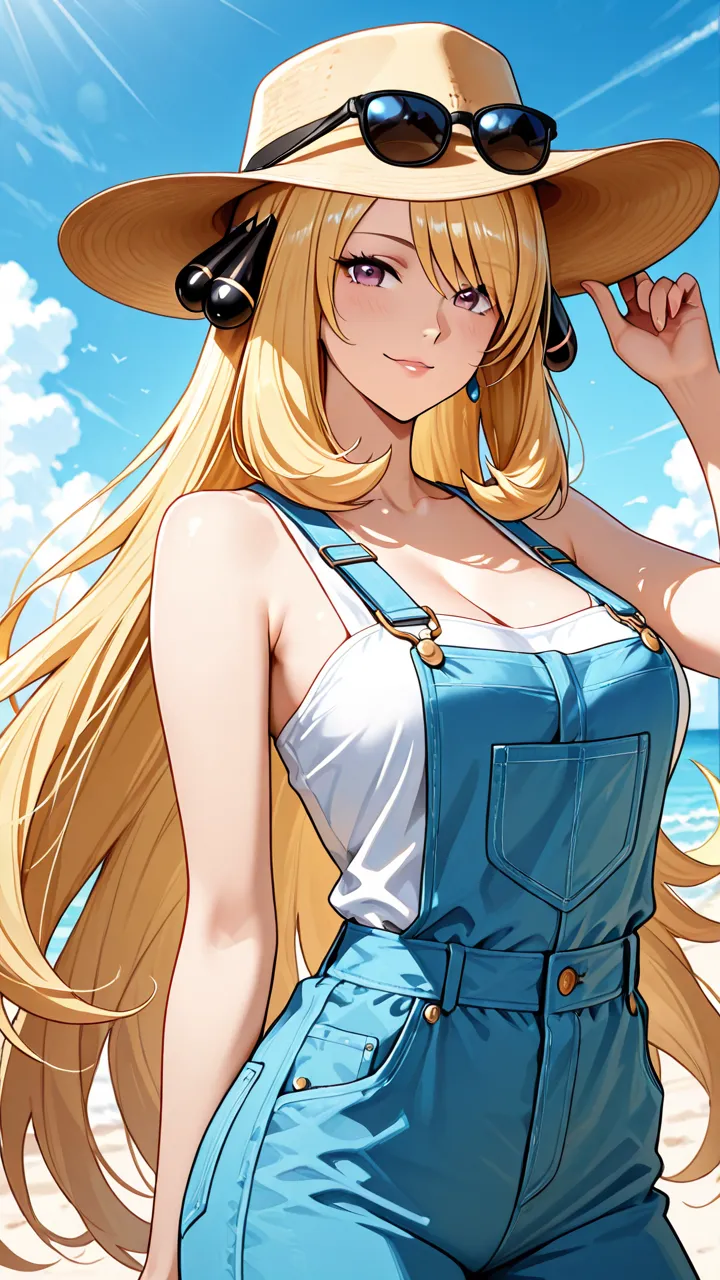 A unique fusion of anime characters, featuring Cynthia and Mr. Peanut. Cynthia is shown with blonde hair, a stylish outfit, and her signature sunglasses. She is fused with Mr. Peanut, who has an anime-style design, wearing a peanut-shaped hat and having a ...