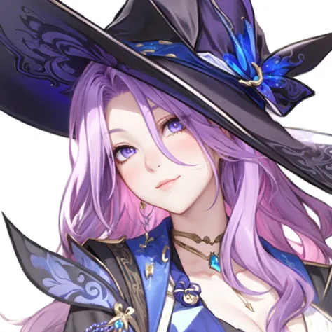 purple haired anime girl in a black hat and blue dress,  Portrait of a Female Wizard , pretty  Magician,  Onmyoji portrait , portrait of a  Magician,  Magician, 美しい天空の Magician, Portrait of a Mage ,  Dark Witch Characters, Avatar Image, a beautiful  Magici...