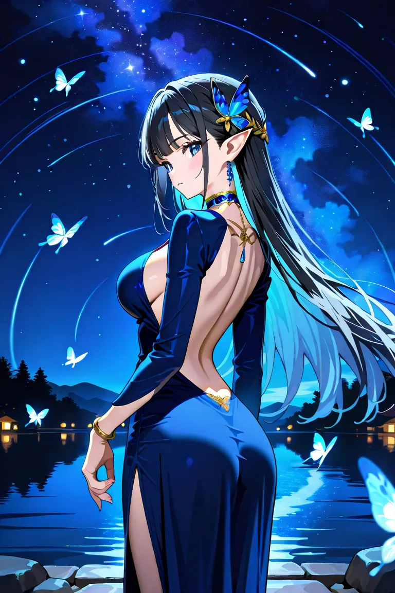 BEST QUALITY, ULTRA DETAILED, PERFECT ANATOMY, HIGH DEFINITION, INTRICATE DETAILS, 1girl, slender, medium-large breasts, pointy ears, long straight hair, bangs, black hair, dark blue eyes, standing. Outfit: short pleated elven dress, long sleeves, with gol...