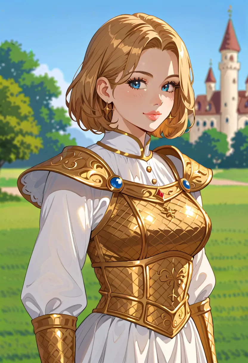 score_9, score_8_up, score_7_up, Portrait, girl, cute, seductive, innocent, light smile:0.3, plump lips, slender body, bob hair, dressing an high detailed medieval gold armor, gold ornate, gold embedded, glossy gold, high detailed chainmail, outdoors, prof...