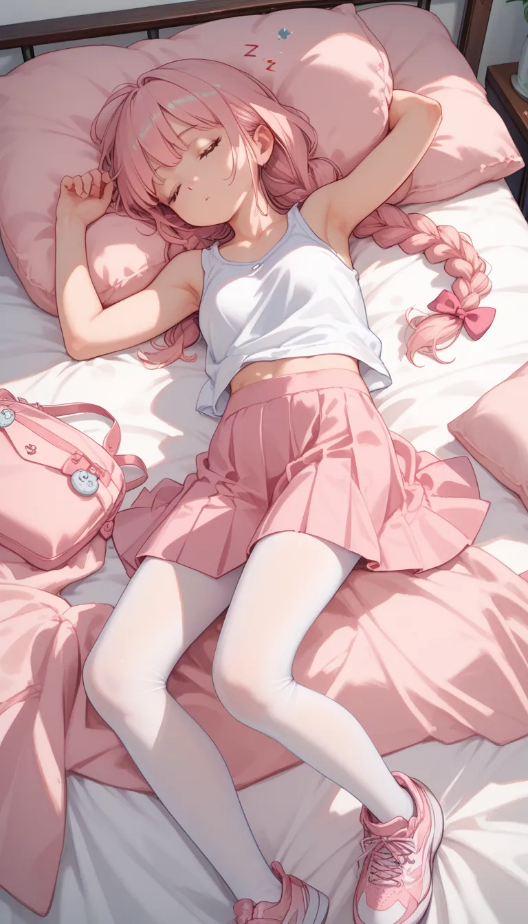  small Dora Lori , long black braids , white tank top, pink short skirt,  white tights,  pink sneakers ,   is sleeping, raise both hands, bed