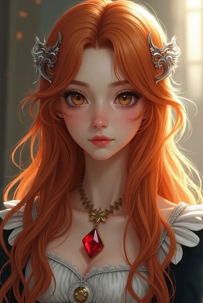 Light amber eyes
Long copper-hazel hair with a silver tuft 
Pale skin tone with a cool undertone
Diamond face shape
Medium body size 1.60
Special feature: a mole under the right eye
Clothing like that of a maiden and a red crystal pendant

