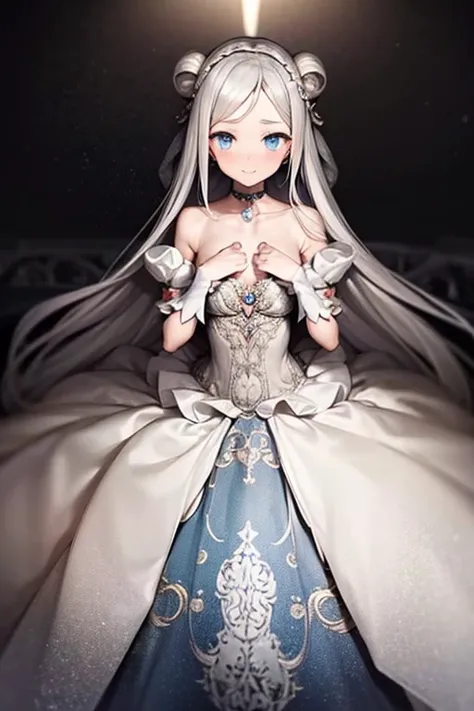  Cute Magical Girl , (double bang,  Brant Bang,  Silver Straight Long Hair ), smile, compensate, blue eyes, Large percentage, white gothic bear top dress , choker,  Two Hands Overhead , Background dim basement, (super precise, Absolute Determination, best ...