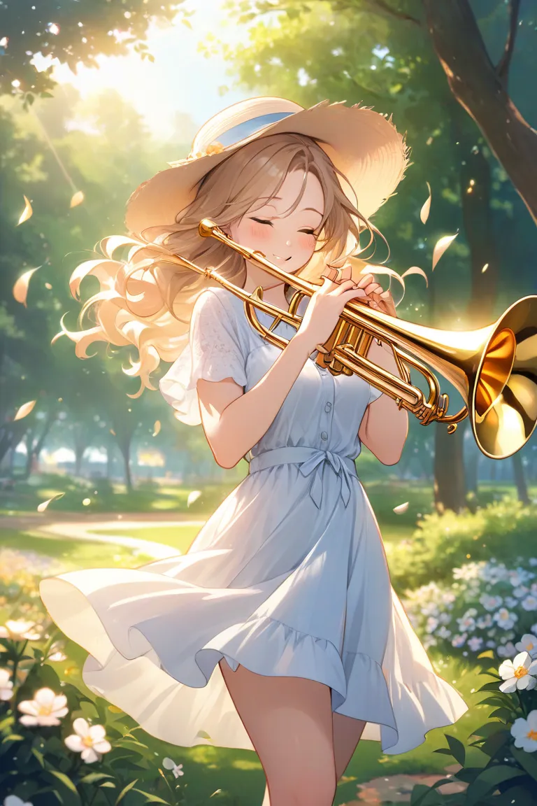 "A charming young woman with a joyful expression, playing a shiny golden trumpet. She has long, wavy hair flowing in the breeze, wearing a stylish, casual outfit with a light summer dress and a sun hat. She stands in a scenic outdoor setting, like a park w...