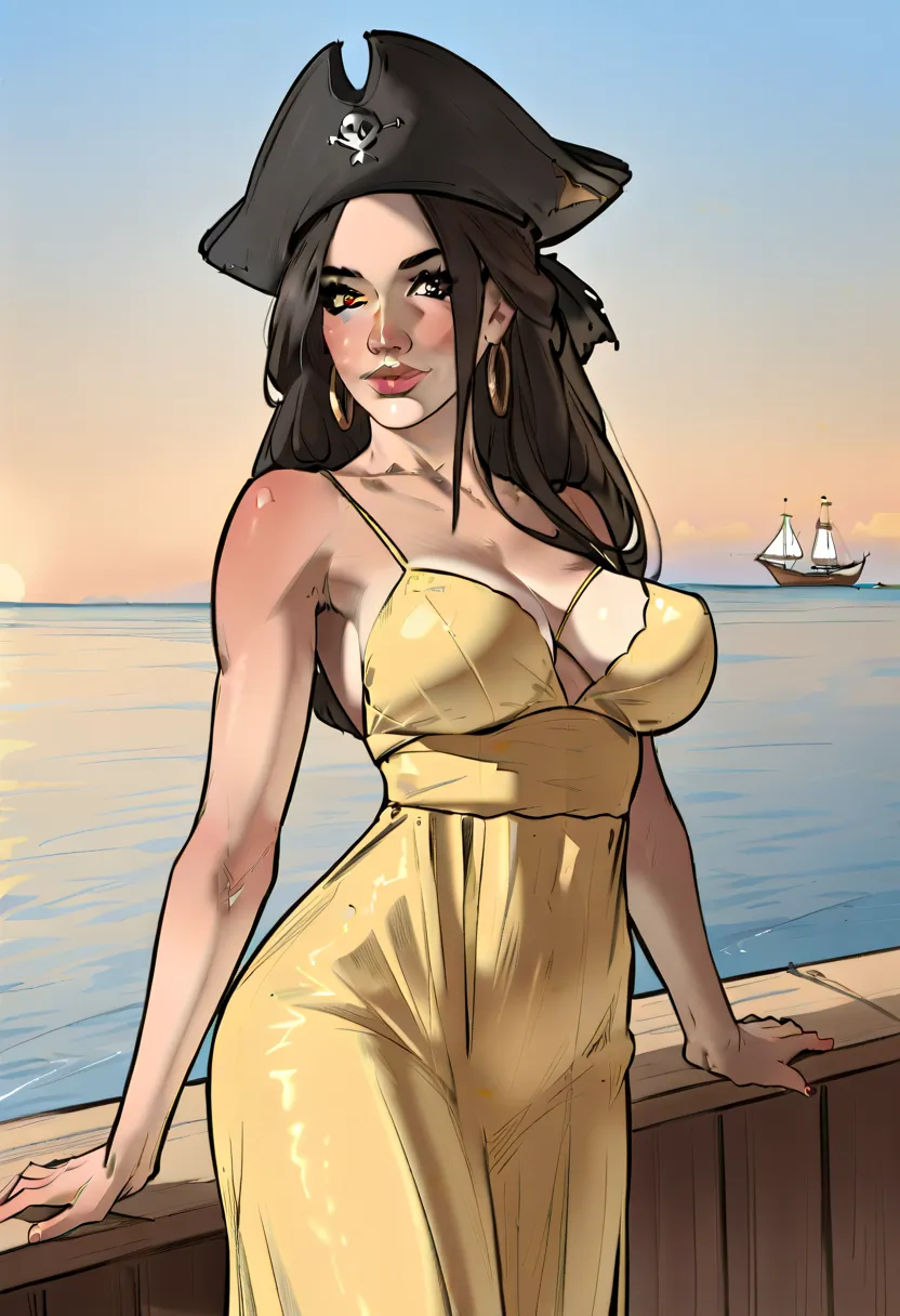 score_9, score_8_up, score_7_up, Cowboy Shot, girl, pirate, spanish, cute, seductive, innocent, light smile:0.3, plump lips, slender body, black hat, in full pirate dress, epic Sunrise, soft lighting, vibrant color, boat port background, 4n1v3rs3, depth of...