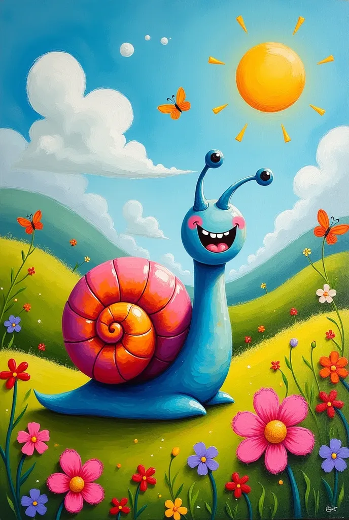 An oil painting in the Naïve Art style, featuring a cute, Pixar-inspired snail with a big, friendly smile. The snail’s spiral shell is painted in bright, vibrant colors like blue, orange, and pink, with soft, rounded edges. The background is a simple, whim...