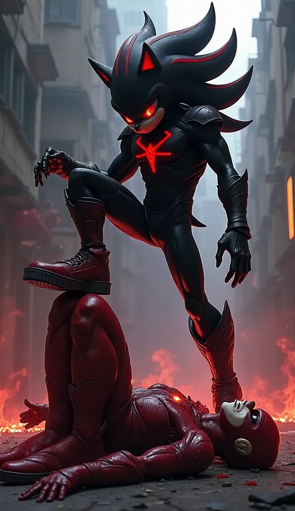 Shadow from the Sonic movie has one foot on top of the Flash who is defeated on the ground