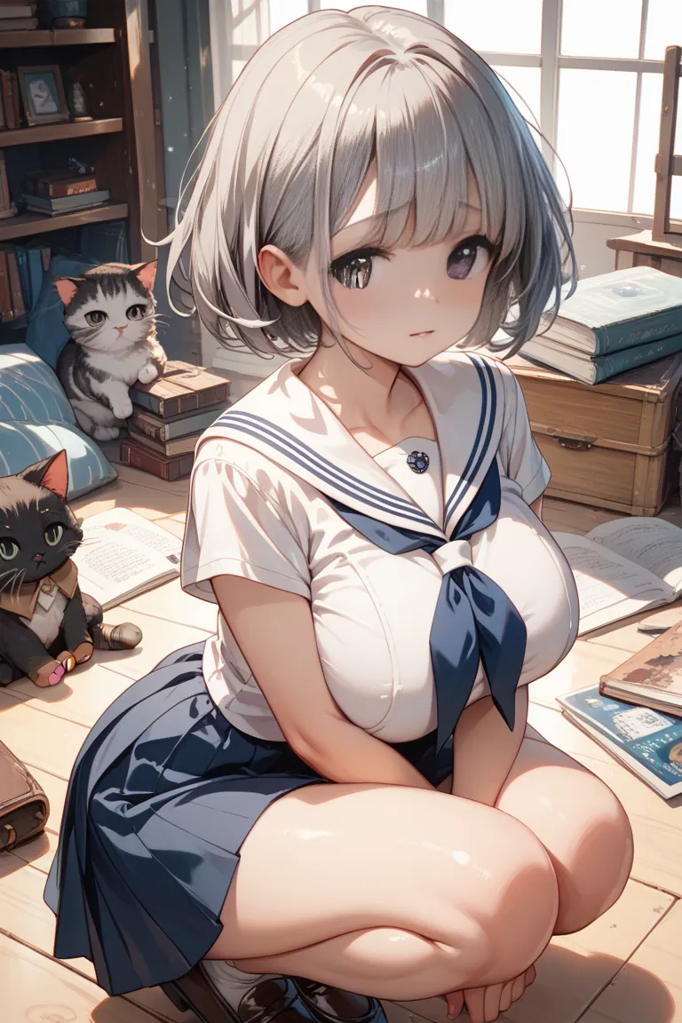 Very Big Big Breasts Elementary School Student　　Gray Hair　Sheer White Sailor Suit　sheer white miniskirt short height　dark eyes　wave short bob hair　Young girl　Dark brown loafers　cute　 mom 　blush　Extra large breasts　Relaxed, fluffy, and sad doggy pose　cat　at...