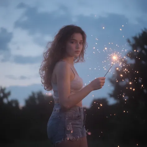 Professional photographic shot of a young woman in casual summer attire — a light, flowy blouse and denim shorts. She holds a lit sparkler in her hand, tiny golden sparks flying, creating glowing points of light. Her long, wavy hair moves freely, partially...