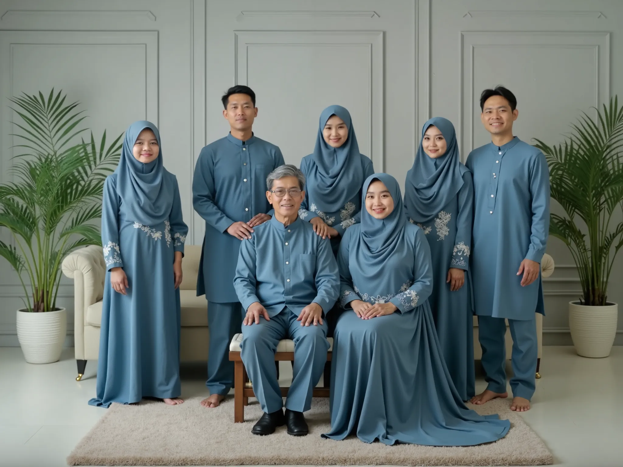 A beautifully composed Indonesian family portrait featuring seven members in an elegant living room with a light gray background. The father and mother, both slightly heavyset, sit closely together on a single, simple yet comfortable chair in the center. T...