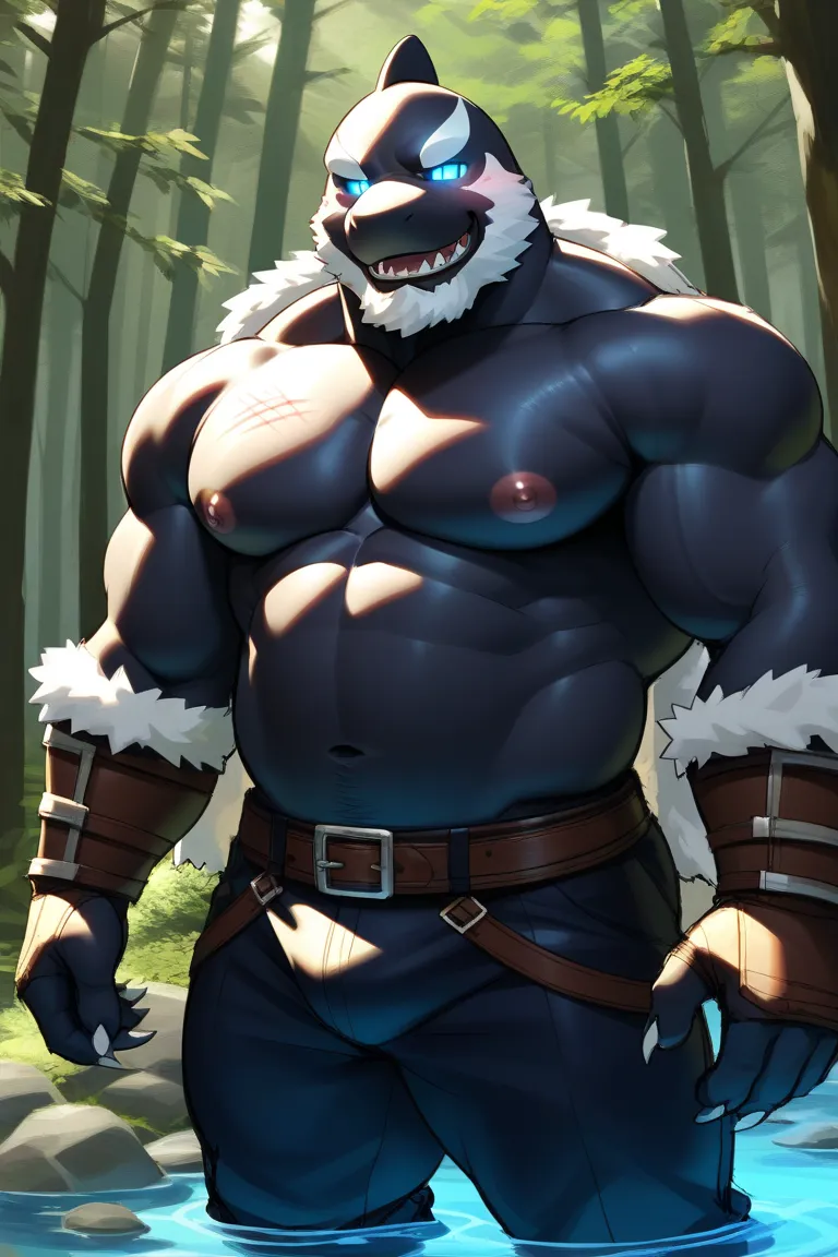 Mature male, anthro, bara, musclegut:0.2, tall, (small waist), (biceps, thic arms), (thick jaw), (broad chin), (kemono), (orca), black skin, large pectorals,soft lighting, scar on face, ( detailed eyes, sharp claw ，sharp claws of a beast ， glowing eyes):1....